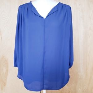 Pleione Blue Flowy v-Neck 3/4 Sleeve Blouse Top, L